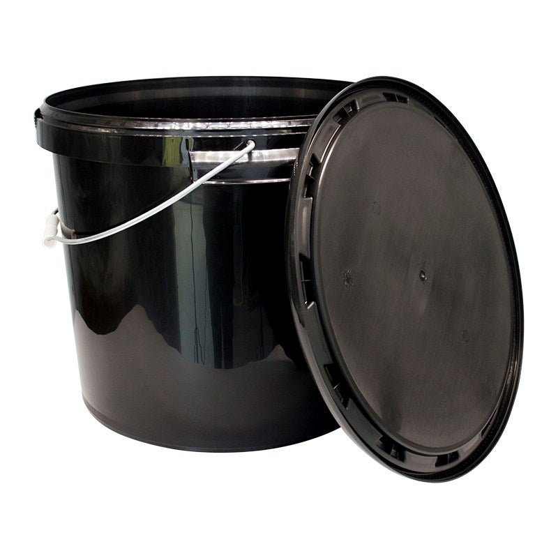 Black plastic bucket with hinged lid and wire handle, lidded view.