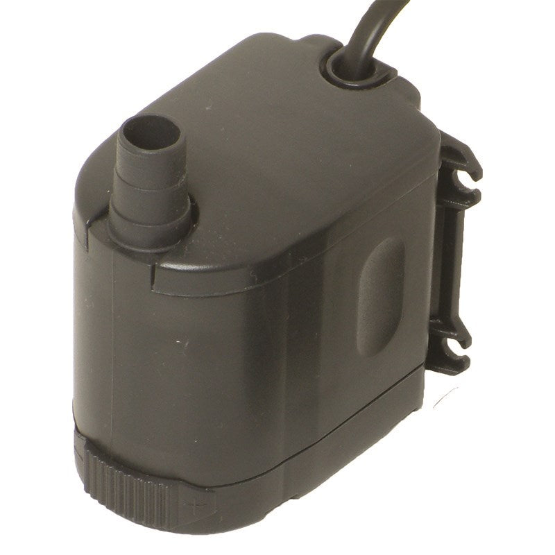 Dark gray water pump with outlet tube and side electrical ports