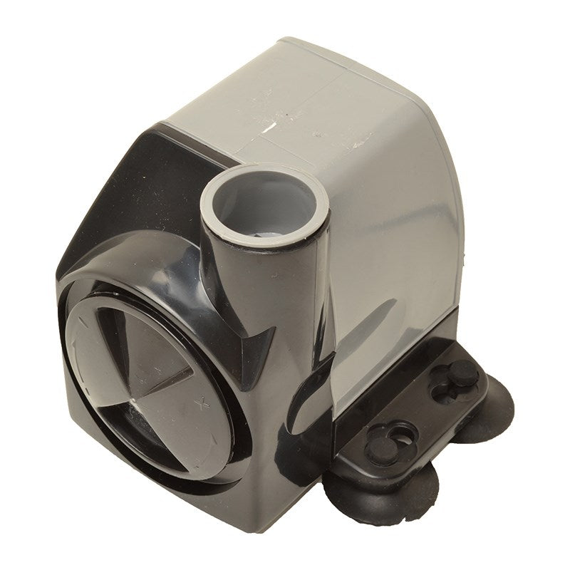 Gray and black water pump front with circular inlet and side bracket
