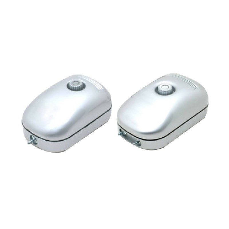 Pair of silver air pumps with circular top outlet caps and compact vented housing