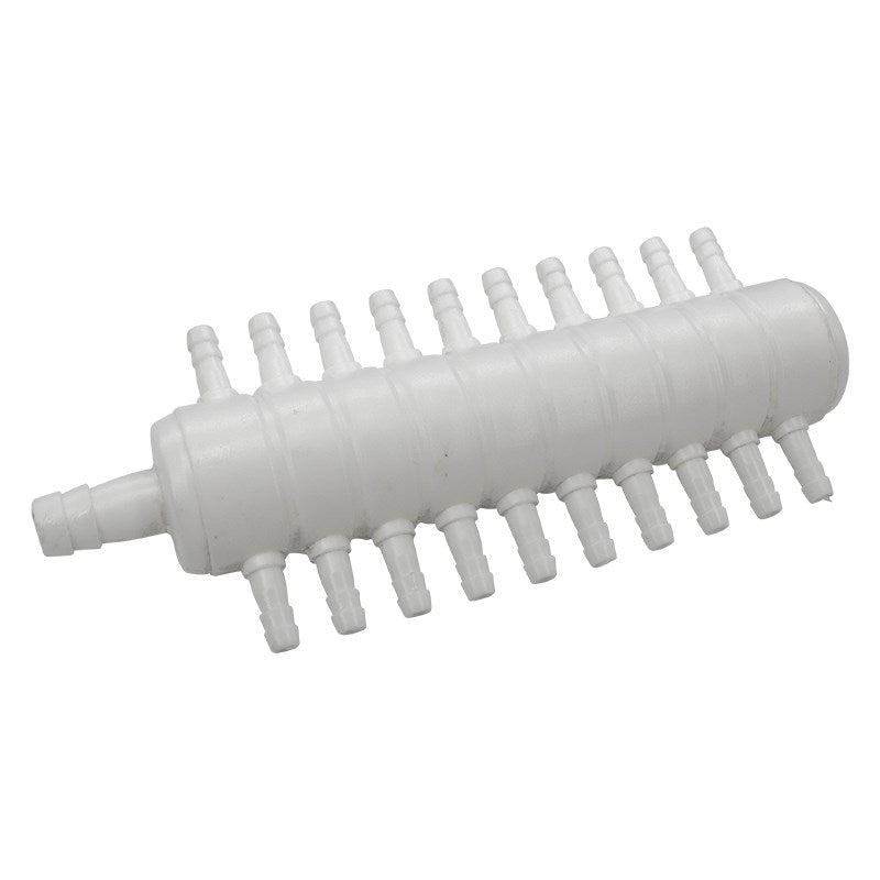 White plastic manifold with evenly spaced barbed outlets and side inlet nozzle
