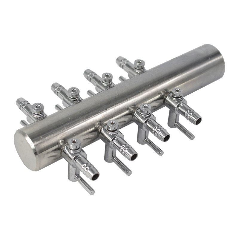 Silver steel manifold with evenly spaced outlet ports and bracket hardware
