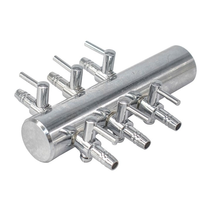 Silver steel manifold header with several outlet stubs and mounting hardware