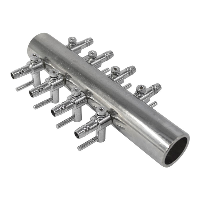 Silver steel manifold with side outlet pipes and clamp-style mounting points