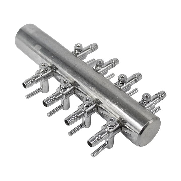 Silver steel manifold with four bolt-down clamps and multiple side outlet pipes