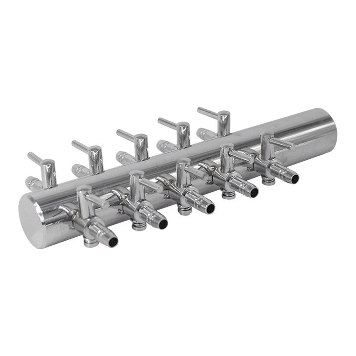 Steel manifold with many chrome outlets along a long bar
