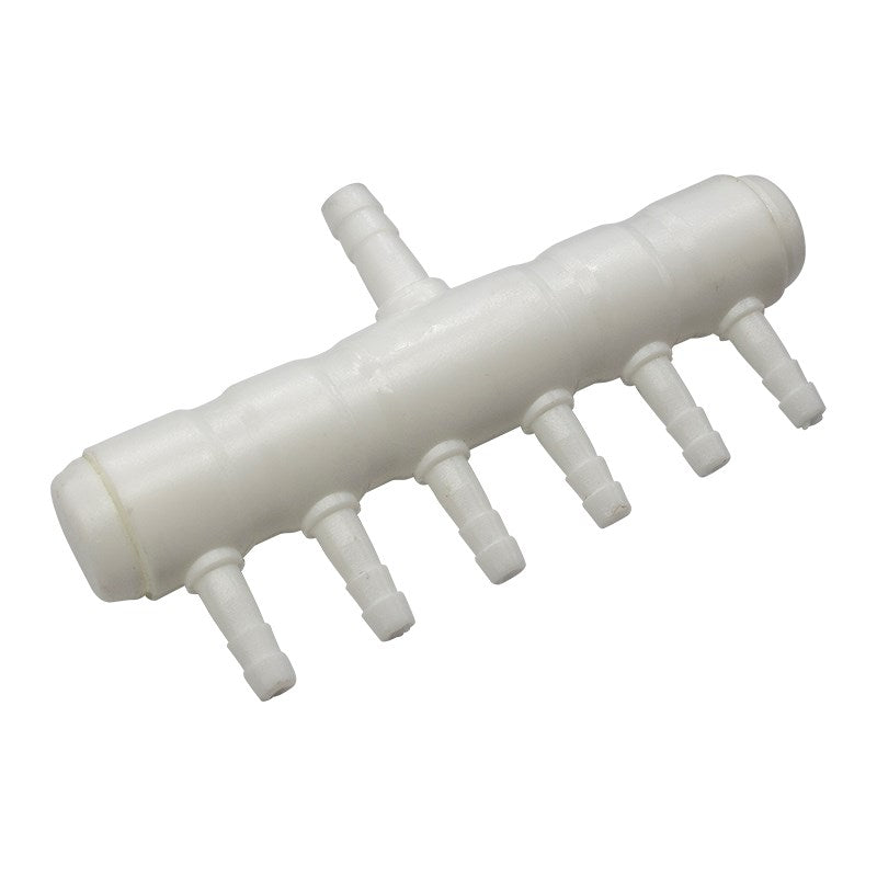 White plastic manifold with barbed hose ports along the front and end coupling