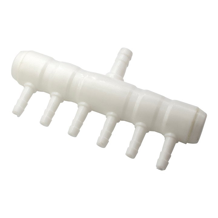 Plastic manifold with white body and multiple hose ports, single end with inlet stub