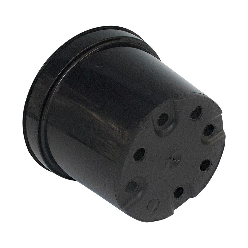 Black plastic pot insert with drainage holes and circular rim edge.
