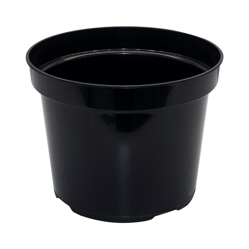 Black round plastic pot with wide opening and glossy outer surface.