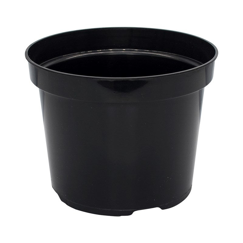 Black round plastic pot with wide rim and smooth sides.