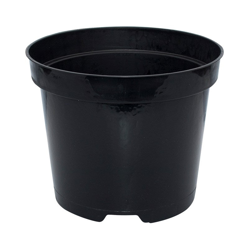 Black round plastic pot with glossy finish and four-lobed base feet.