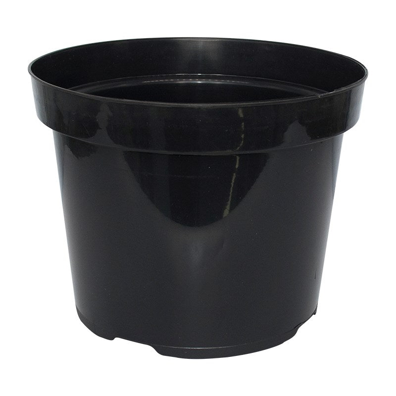 Black round plastic pot with wide rim and rounded sides, front view.