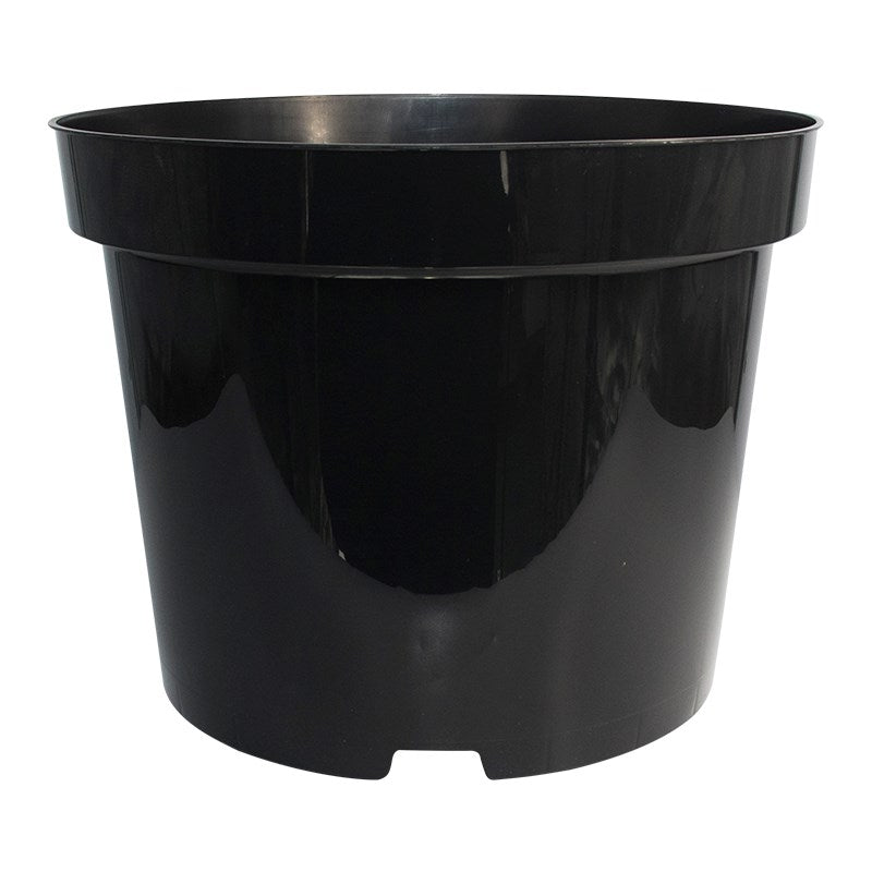 Black round plastic pot with glossy surface and raised base tabs.