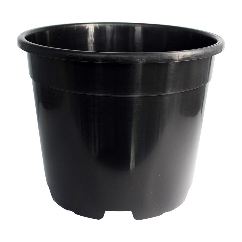 Black round plastic pot with wide rim and molded base support feet.