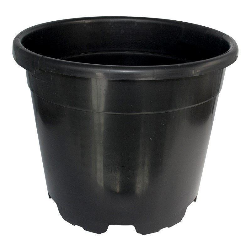 Black round plastic pot with wide rim and molded base tabs, front view.