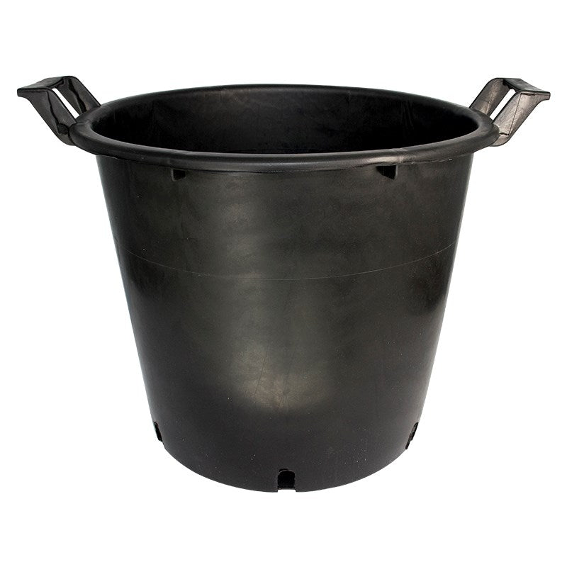 Black round plastic pot with two metal handle loops on the rim.