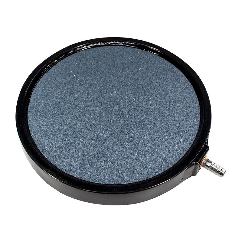 Round blue-gray air stone disc with black rim and metal barb fitting