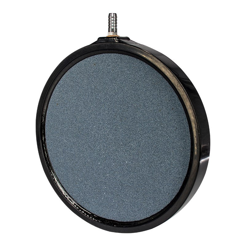 Circular blue-gray air stone disc with black rim and barb fitting