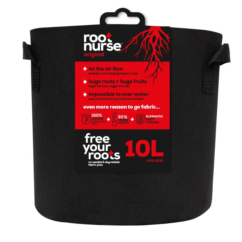 Black fabric plant pot with carry handles, 10L capacity label on front