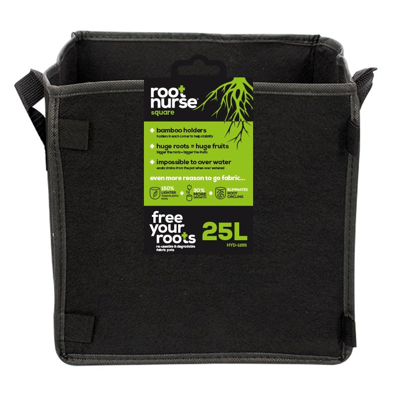 Square grow bag, black, 25L capacity with side handles
