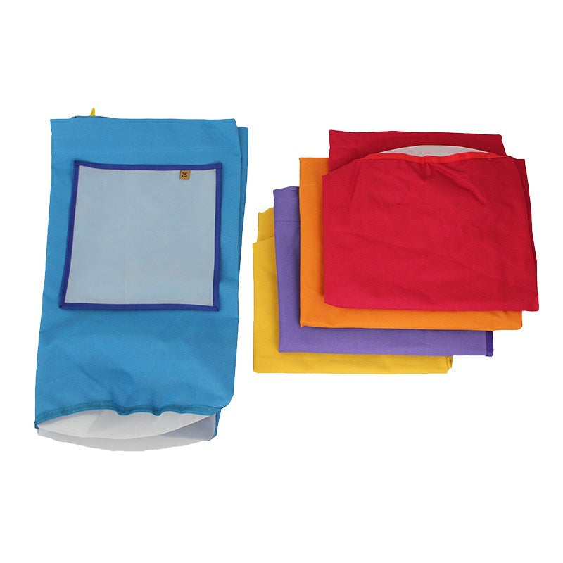 Rectangular bubble bags set: blue bag with blue trim, plus purple, red, orange, and yellow bags