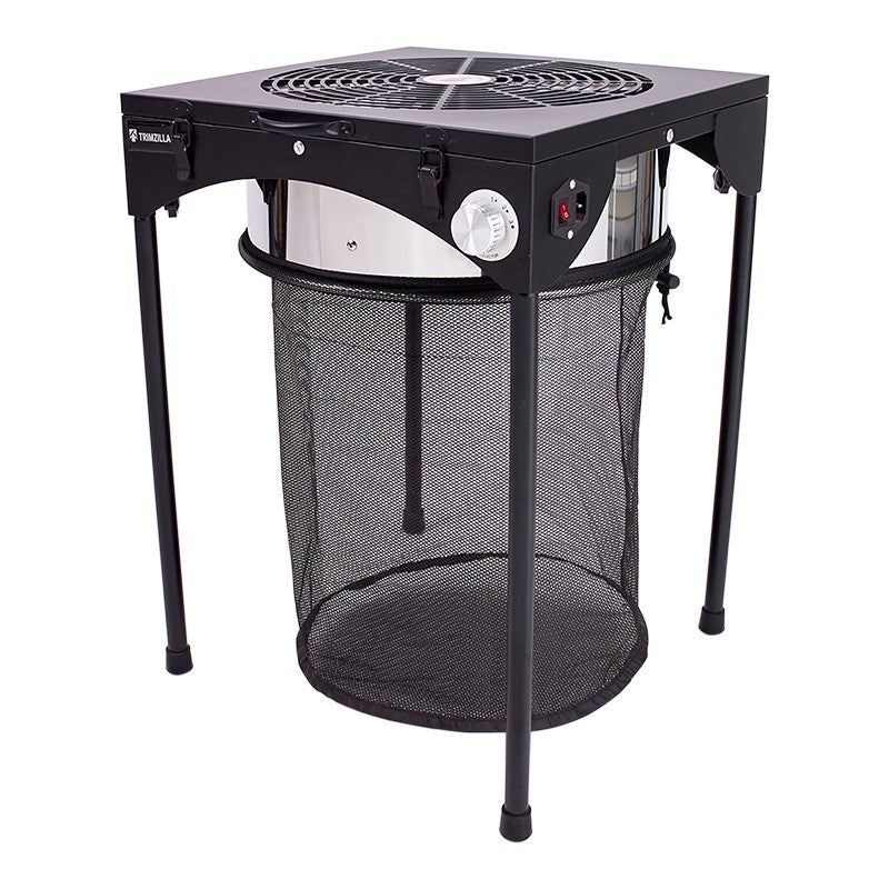 Black leaf trimmer table with mesh collection bag and rotating cutting head