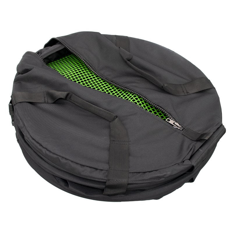 Gray trim bag with green interior mesh and front zipper with pull tab