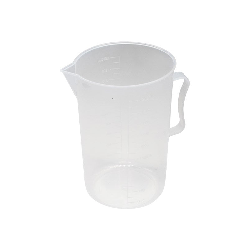 Clear plastic measuring jug with spout and side handle, no visible markings