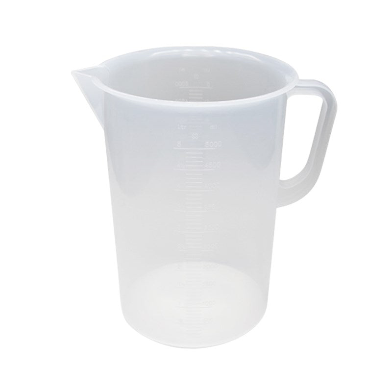 White plastic measuring jug with spout and right-side handle