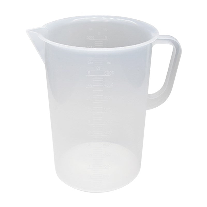 White plastic measuring jug with spout and handle, faint measurement graduations