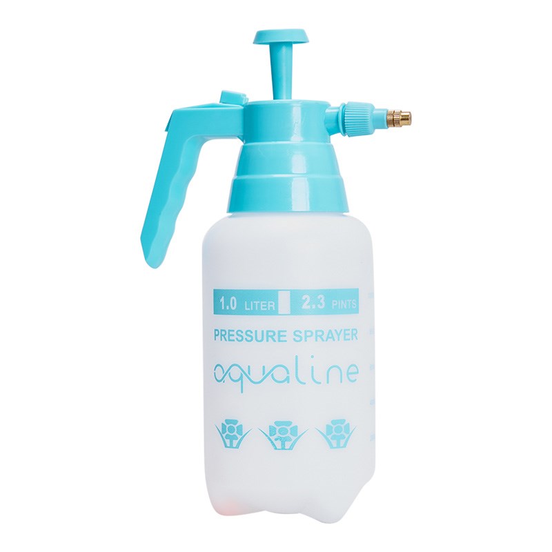 Aqualine 1L pressure sprayer with turquoise pump top and trigger handle