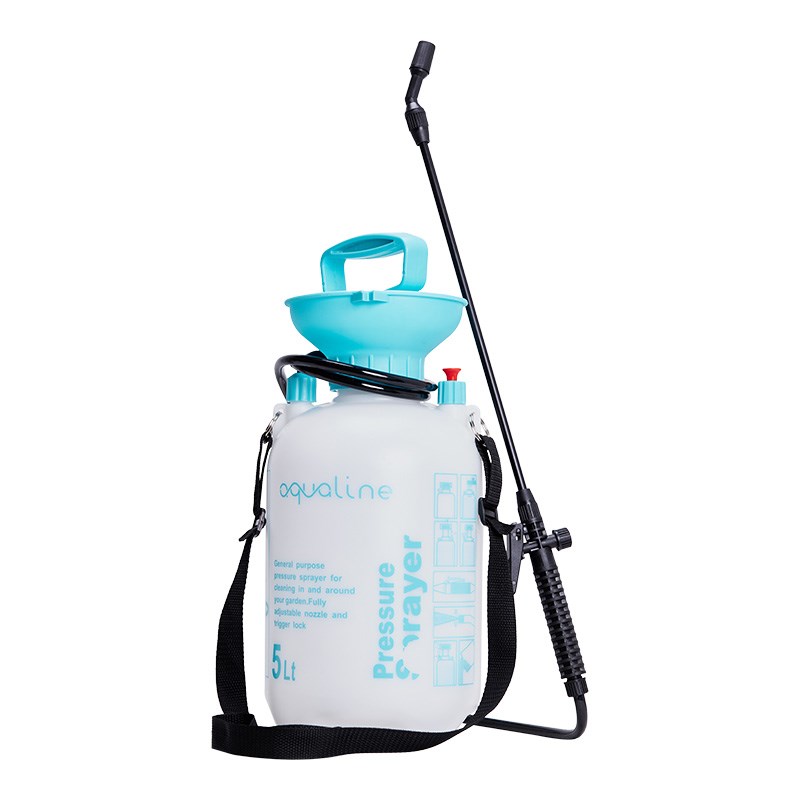Aqualine 5L pressure sprayer with shoulder strap and long black spray hose