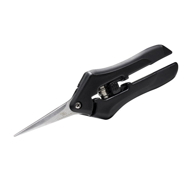 Curve shears with black handle and silver blade, spring-loaded thumb lever