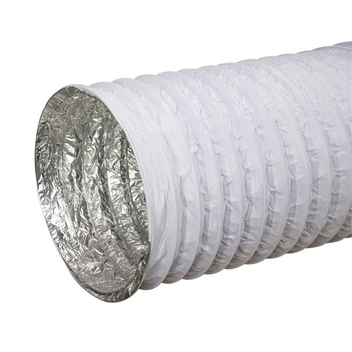 White flexible ducting hose with silver foil-lined end opening