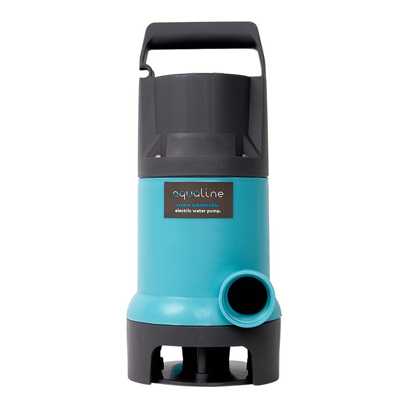 Submersible water pump with teal casing, black base, and side discharge fitting