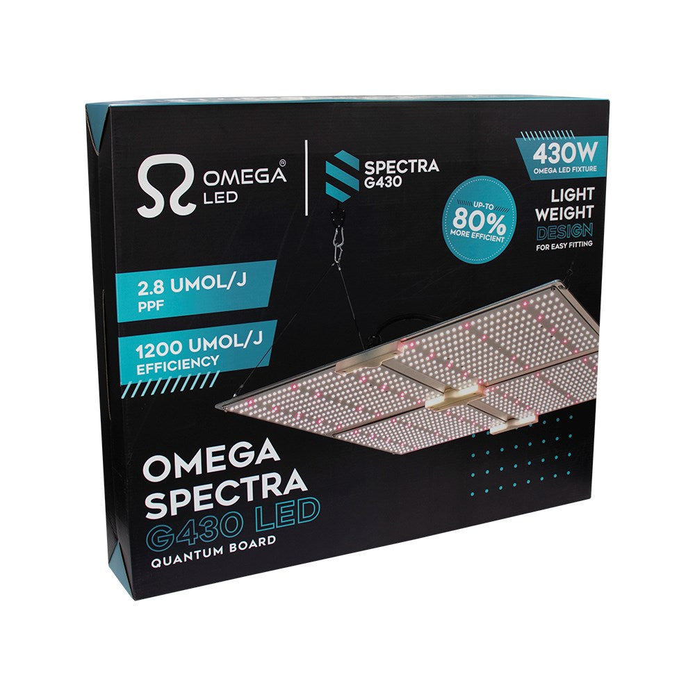 Quantum board LED grow light box showing G430 specs and light efficiency