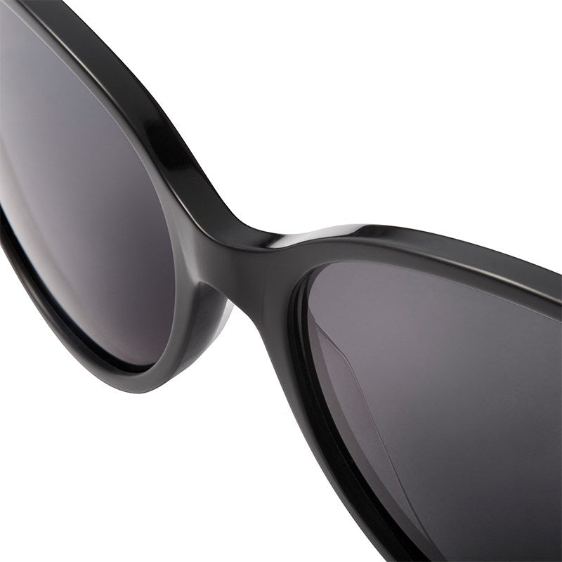 Glossy black polarized sunglasses close-up, curved temple and dark lens