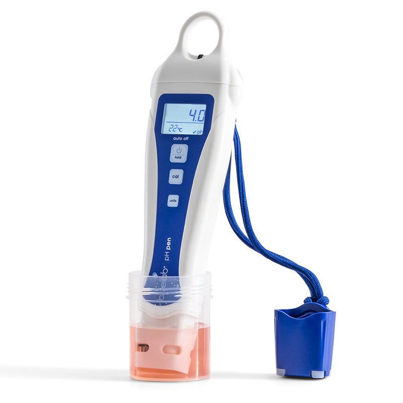 Handheld pH testing pen with digital screen, blue cord and orange sensor cap.