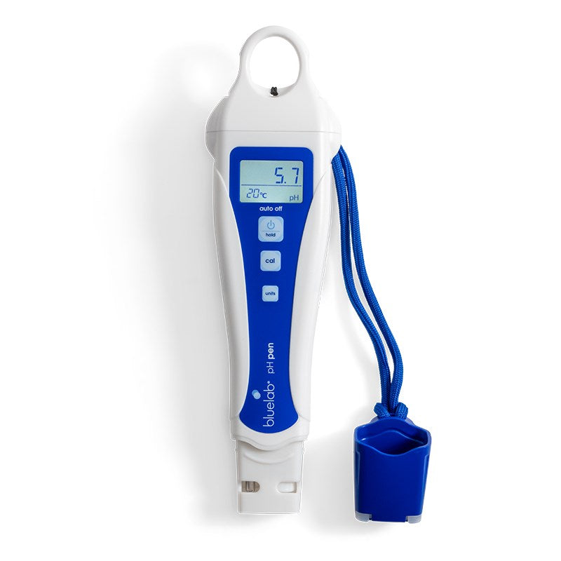Handheld pH testing pen with digital readout, white body, blue probe holder.