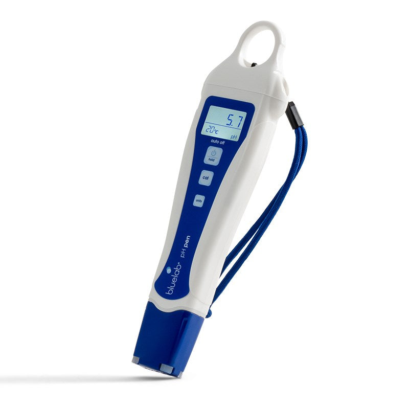 Handheld pH testing pen, blue-and-white body, digital screen, wrist strap.