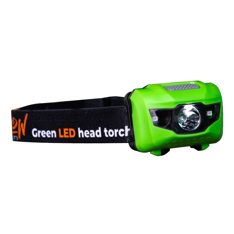 Green LED head torch with black adjustable strap and front lens