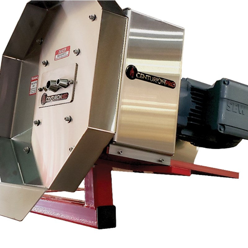 Wood processing machine head with metal housing and red feed chute