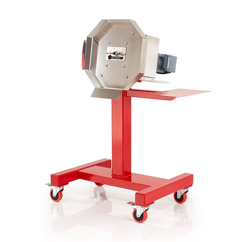 Benchtop wood processing machine with red wheeled stand and swing arm