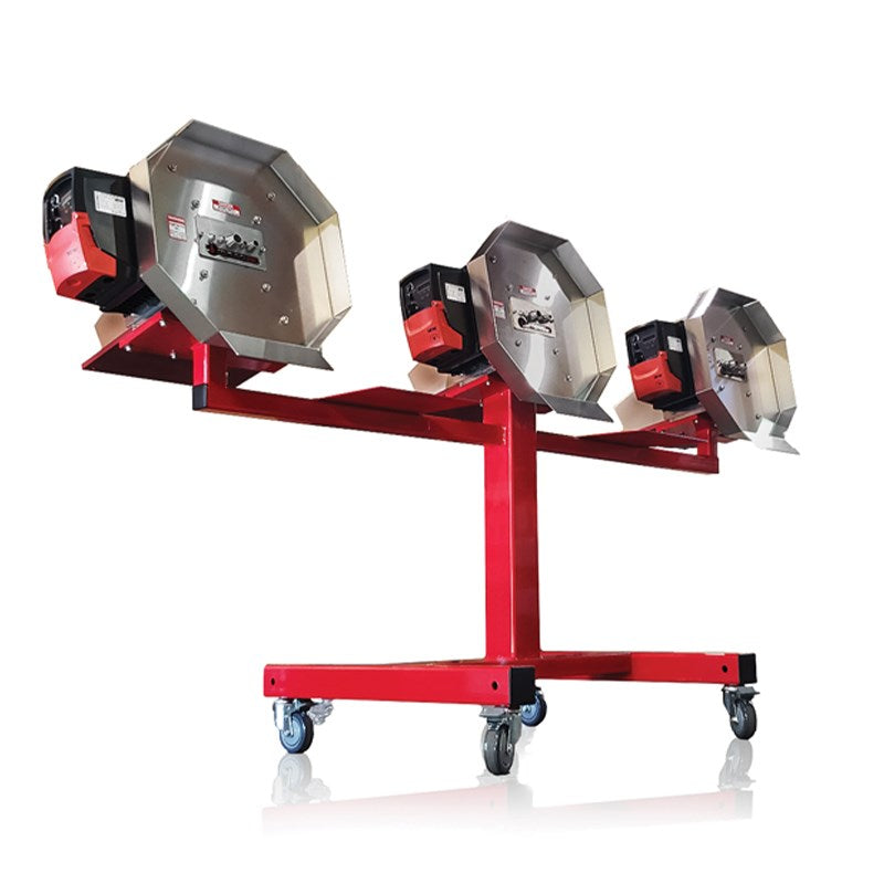 Benchtop wood processing machine with red stand and multiple metal hoppers