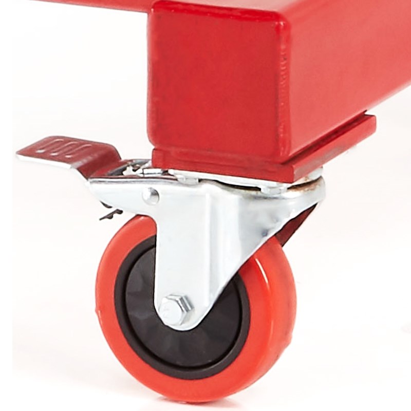 Red and gray caster wheel with locking mount on bucker stand frame