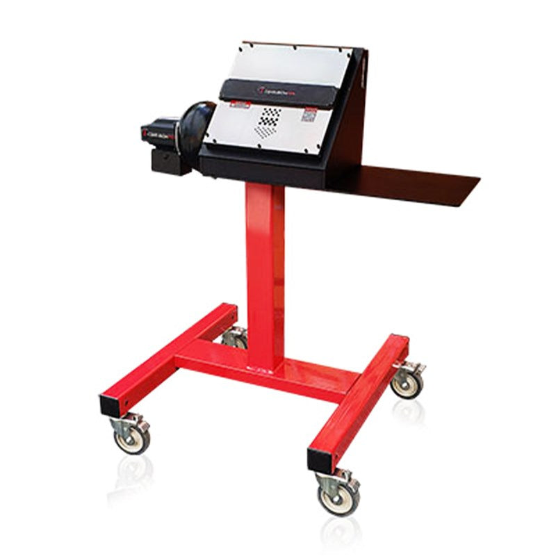 Red workshop bucker stand with wheeled base and extended arm