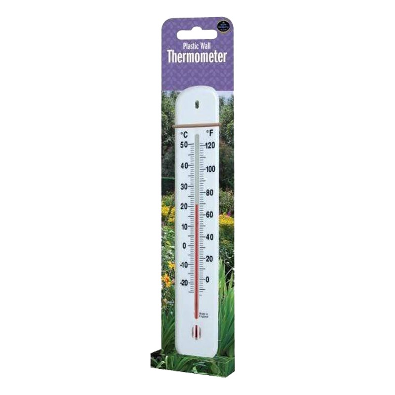 Plastic wall thermometer with Celsius/Fahrenheit scale, white case, red probe.