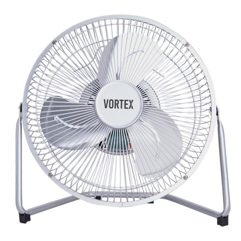 Vortex floor fan front view with round chrome wire grille and VORTEX logo center