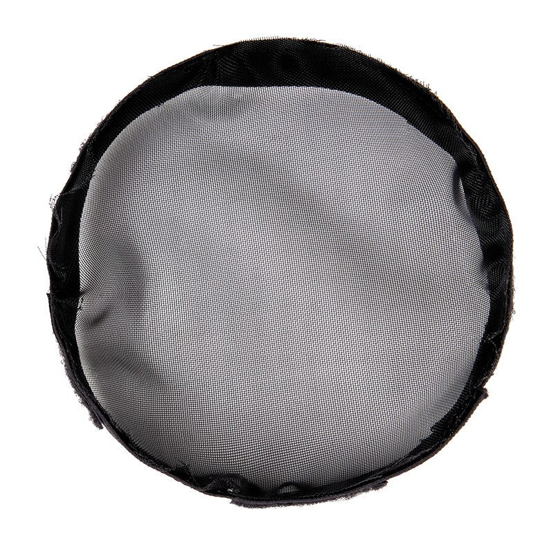 Round black-rimmed mesh bug block cover with light gray center